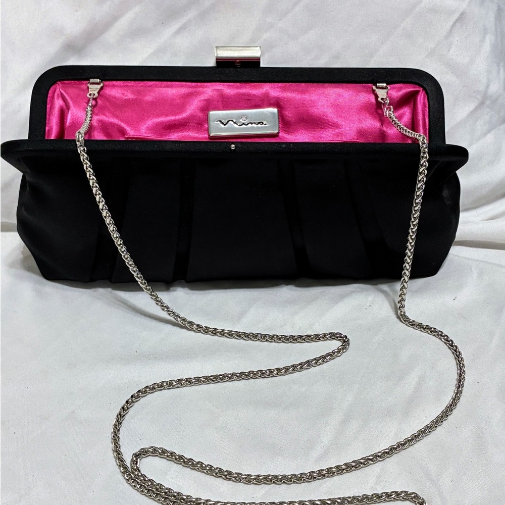NINA black Pleated Satin Frame Clutch/crossbody pink lining